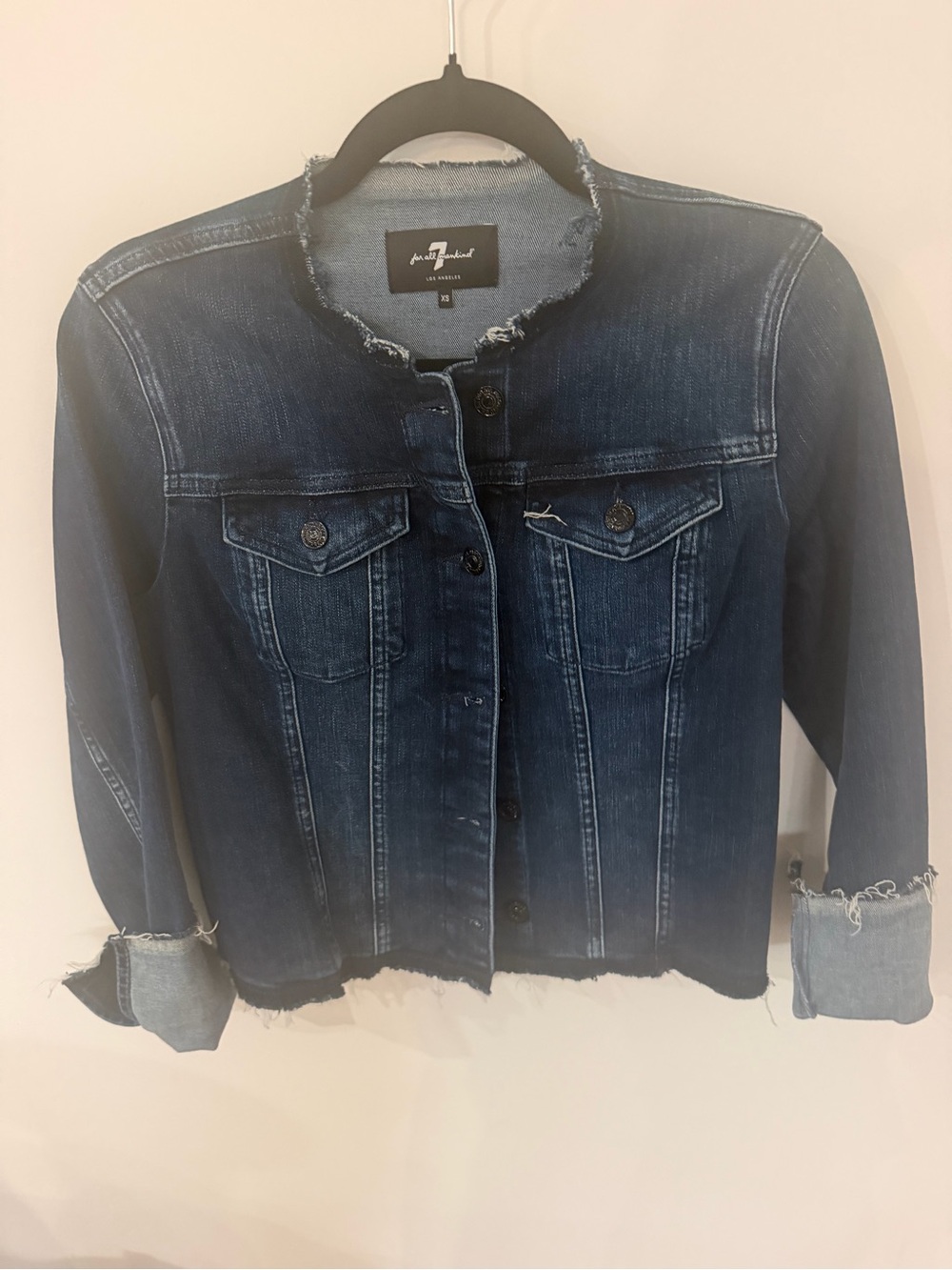 7 For All Mankind Collarless Frayed Raw Hem Denim Jacket Dark Wash XS